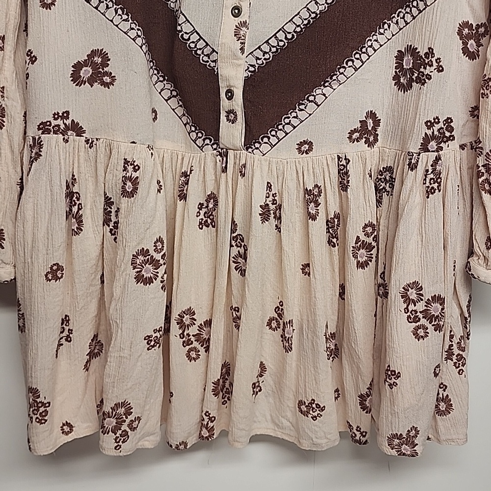Free People Boho oversized floral brown& pink long-sleeve blouse dress w/pockets - Picture 9 of 11